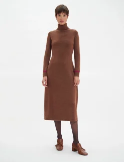 Divine brown turtleneck dress with fuchsia trim