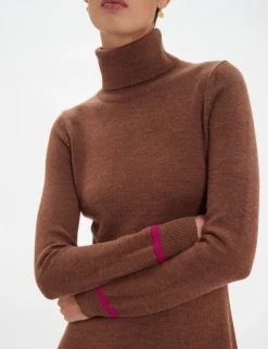 Divine brown turtleneck dress with fuchsia trim