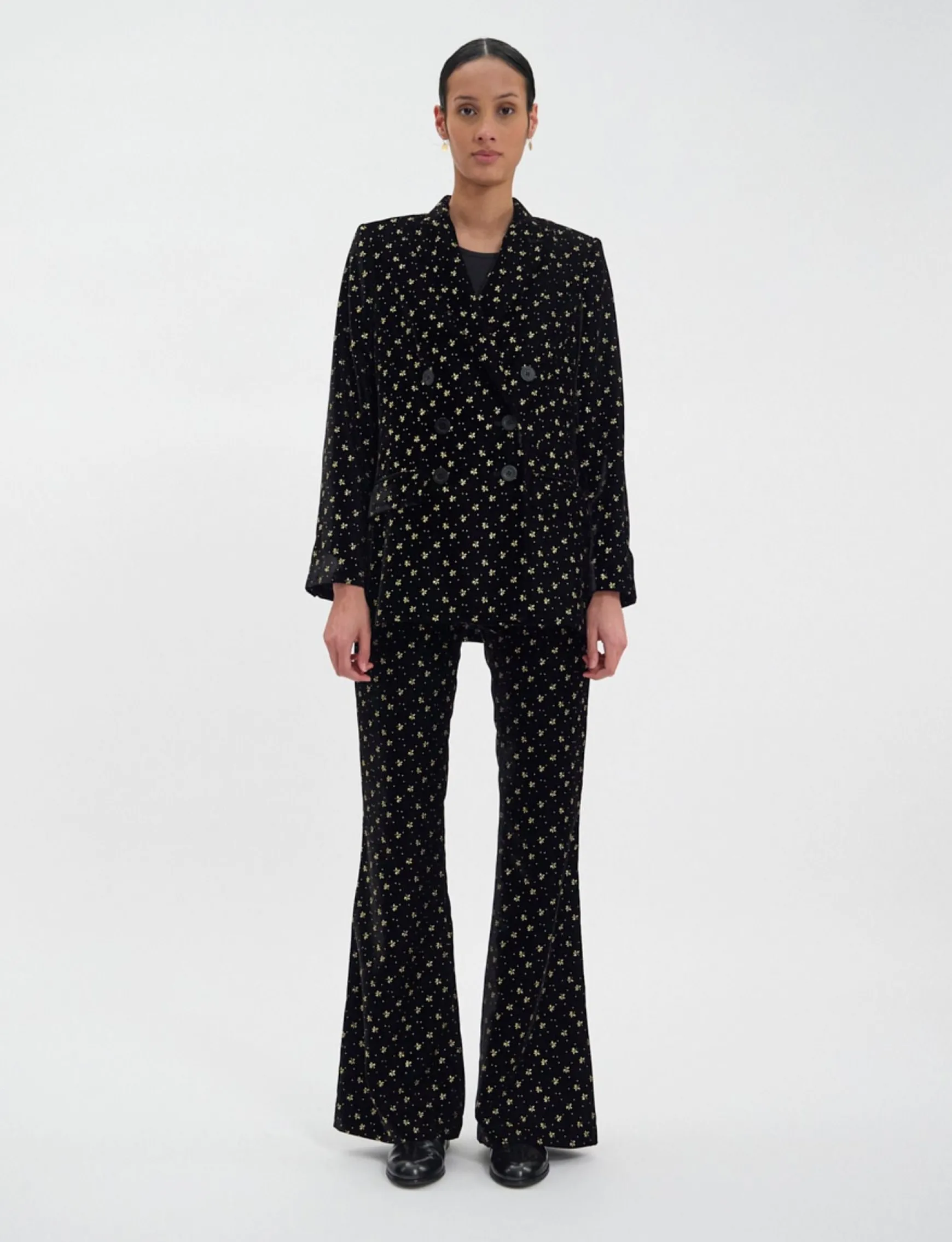 Ezio jacket in black smooth velvet with gold print