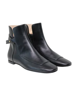 Flat black leather ankle boot