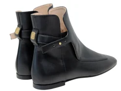 Flat black leather ankle boot