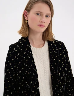 Franck coat in smooth black velvet with gold print