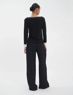 Gigi jumper in black merino wool, white cuffs