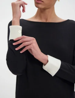 Gigi jumper in black merino wool, white cuffs