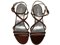 Heeled sandals, tobacco satin straps