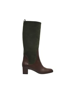 High heeled boots, green and chocolate leather