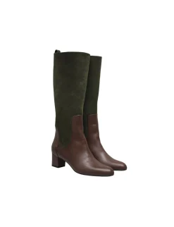 High heeled boots, green and chocolate leather