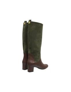 High heeled boots, green and chocolate leather