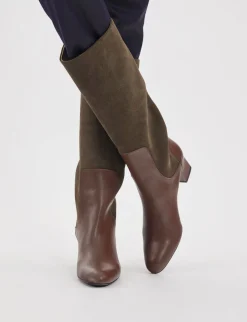 High heeled boots, green and chocolate leather