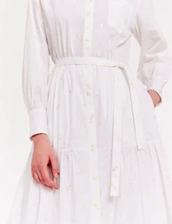 Léna long dress with white ruffles and embroidered fabric