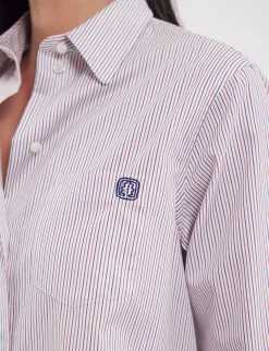 Maureen red and blue striped shirt