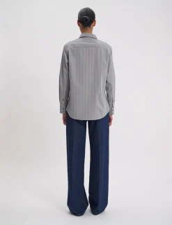 Maureen shirt in almond green cotton with beige stripes