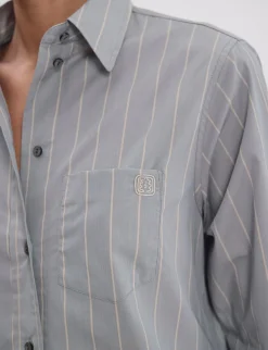 Maureen shirt in almond green cotton with beige stripes