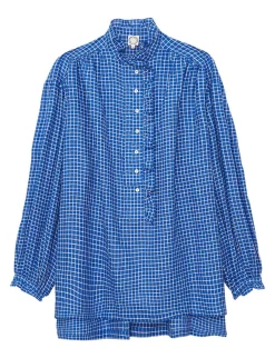 Oversized Maryange shirt with ruffles in blue linen
