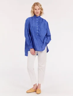 Oversized Maryange shirt with ruffles in blue linen