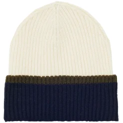 Pedro hat in ecru navy reverse knit, khaki mesh