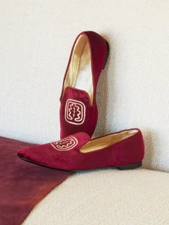 Velvet embroidered burgundy slipper